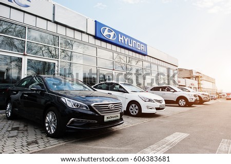 Kiev, Ukraine - March 22, 2017: New Hyundai Accent, Sonata, Tucson and Creta, at car dealership.