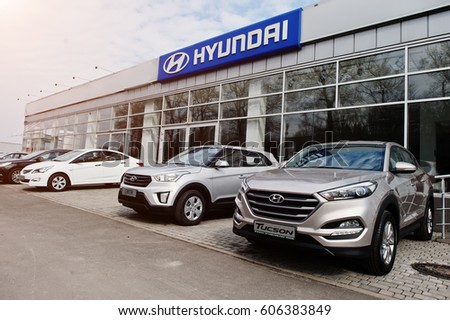 Kiev, Ukraine - March 22, 2017: New Hyundai Tucson, Creta, Accent and Sonata at car dealership.