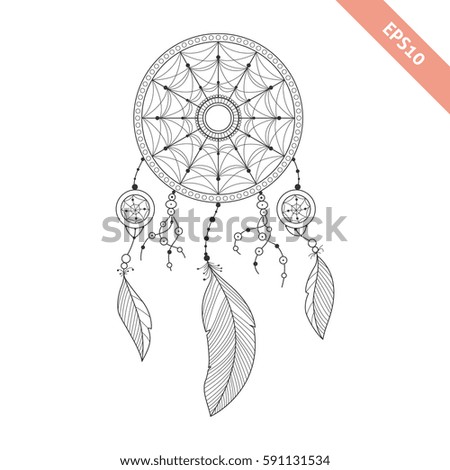 Black Line Dream Catcher Isolated On White Background Decorative Element Traced By Hand From Black Line Dream Catcher Isolated On White Background Decorative Element Traced By Hand From