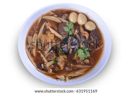 Braised Fish Maw in Red Gravy with crab in bowl on white background. on white bowl for Thai food and with clipping path