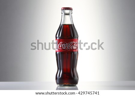 Kuala Lumpur, Malaysia 23th May 2016, Coca-Cola Classic in a glass bottle Isolated on white Background. Coca Cola, Coke is the most popular carbonated soft drink beverages sold around the world