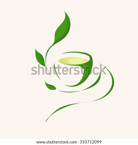 Illustration of Herbal Green Tea. Tea Cup, tea leaves. Vector Image EPS 10. Flat minimalistic style.