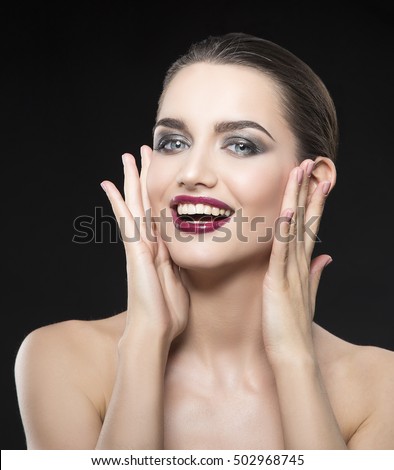 https://thumb7.shutterstock.com/display_pic_with_logo/3288392/502968745/stock-photo-beauty-fashion-portrait-of-caucasian-brunette-woman-with-wet-red-lipstick-and-arms-touching-face-502968745.jpg