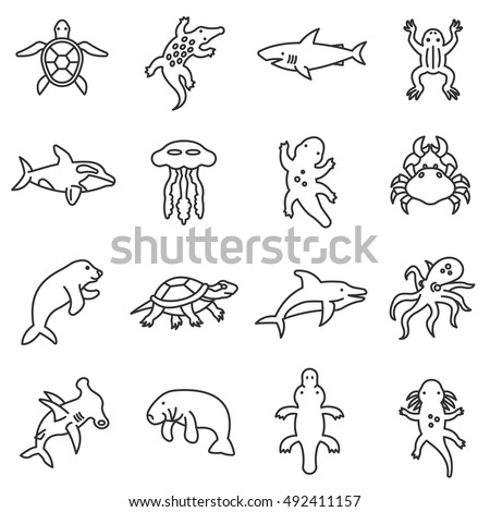 Aquatic Animals Icons Set Line Style Stock Vector 492411157 - Shutterstock