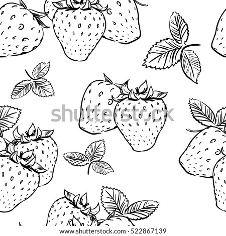 seamless tropical pattern with strawberry. Tasty fruit fresh black white sketch illustration