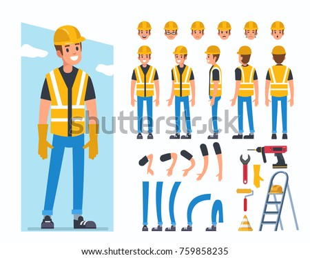 Construction worker character for animation. Flat style vector illustration isolated on white background.