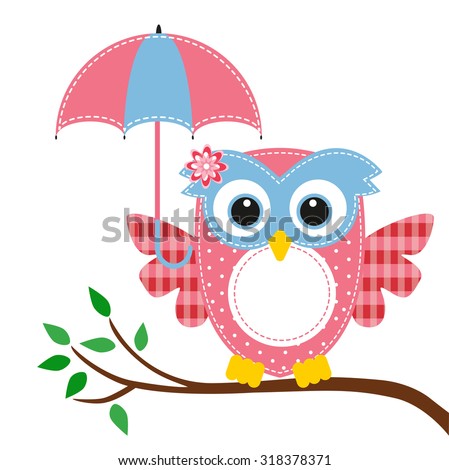 stock vector owl funny girl and umbrella on a branch 318378371