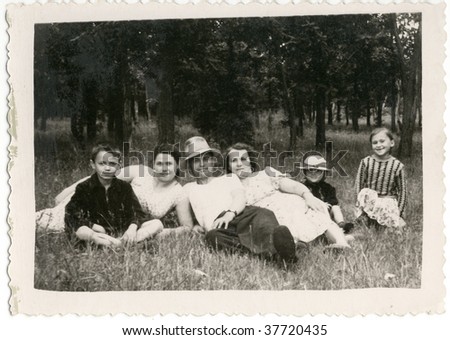Soviet citizens at the picnic. 50-s XX Century, USSR.