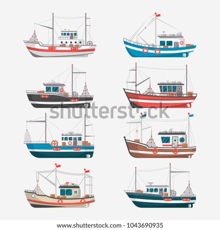 Fishing boats side view isolated set. Commercial fishing trawlers for industrial seafood production vector illustration in flat style. Vintage marine ships, sea or ocean transportation collection.
