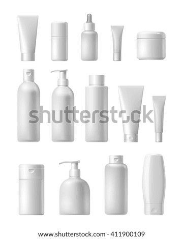 Realistic cosmetic bottle mock up set isolated pack on white background. Cosmetic brand template. Shampoo pack.