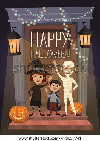 happy halloween night party banner with funny kids in carnival costumes mummy vampire and witch - Halloween Night Party happy halloween night party banner with funny kids in carnival costumes mummy vampire and witch - Halloween Night Party
