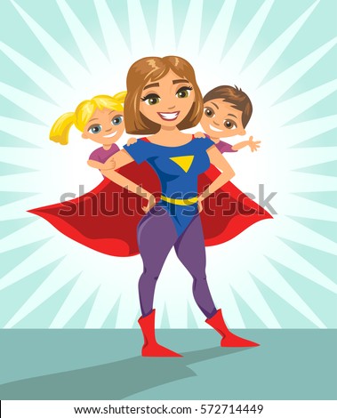 Super hero, super mom. Happy smiling super mother with her children. Vector illustration with isolated characters.