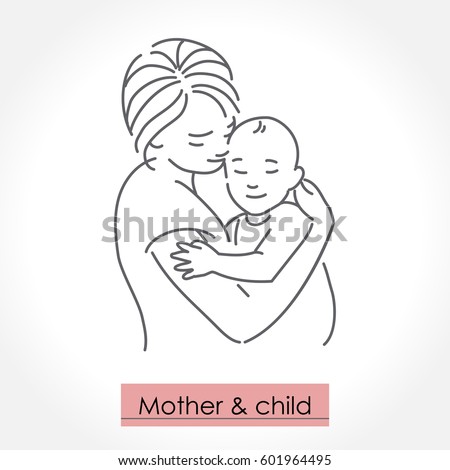 Mother with child. Line art icon, logo, sign. Isolated vector illustration.