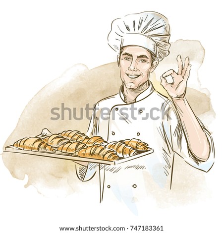 Smiling baker holding plate with croissants. Hand drawn vector illustration on artistic watercolor background.