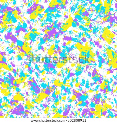 Vector grunge hand drawn seamless pattern. Pop art ink marble fabric texture. Blue, purple, yellow fashion abstract background.