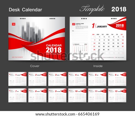 Set Desk Calendar 2018 template design, red cover, Set of 12 Months, Week start Sunday