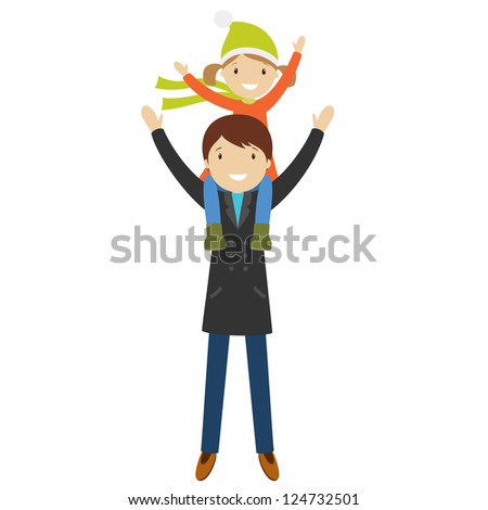 Happy father and daughter, sitting on his shoulders, isolated on white. Vector illustration