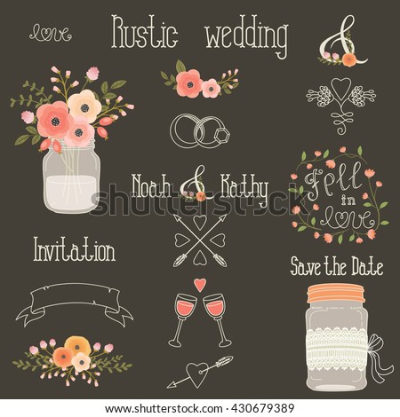Rustic wedding design elements with pink and peach flowers. Vector set of vintage hand drawn clip art. Mason jars, flowers, lettering, banner, dividers, and more. Eps 10