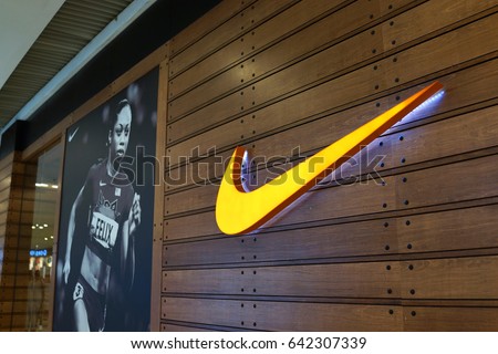 PENANG, MALAYSIA - MAY 12, 2017: Nike store in the Queensbay mall. Nike, Inc. is an American corporation that manufactures and sells footwear, apparel, equipment, accessories and services worldwide.