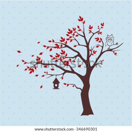 Silhouette autumn tree with funny owl