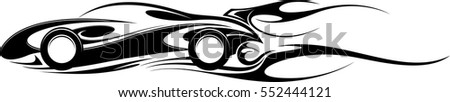 Sports car emblem with fire flame, simple black and white decorative graphic for tattoo or t-shirt print, isolated on white. Motorsport logo. Vector illustration