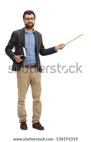 Full length portrait of a young teacher holding a book and a wand isolated on white background
