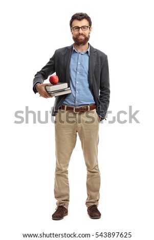 Full length portrait of a male teacher isolated on white background