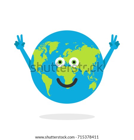 cartoon earth character world map globe with smiley face and hands vector illustration