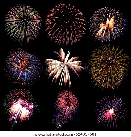 Firework collection and beautiful many fireworks, Fireworks light up the sky, New Year celebration firework, Set of colorful fireworks light on the black background.