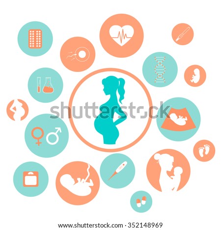Pregnancy and newborn baby icons set. Childbirth and motherhood. Medicine and pregnancy vector icons set. Baby care, mother birth illustration.