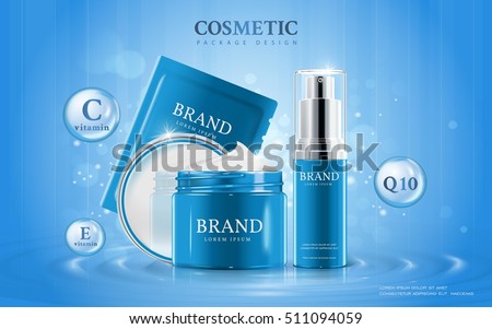 Moisturizing cosmetic ads template, 3D illustration cosmetic mockup upon water with elements around the products
