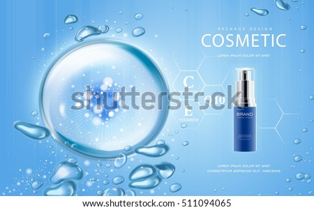 Moisturizing cosmetic ads template, 3D illustration cosmetic mockup with sparkling water drop over blue background