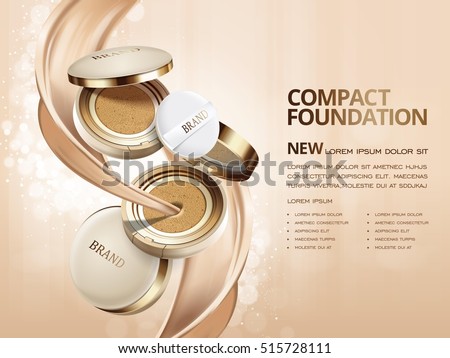 Elegant compact foundation ads, 3d illustration foundation product with its texture flowing through it