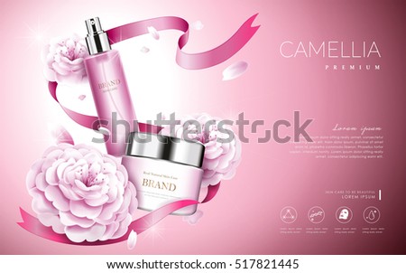 Camellia cosmetic ads, elegant pink camellia with cream bottle and ribbons, 3d illustration