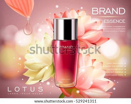 lotus essence concentrate product contained in a pink droplet bottle, with flower element and pink background in 3d illustration