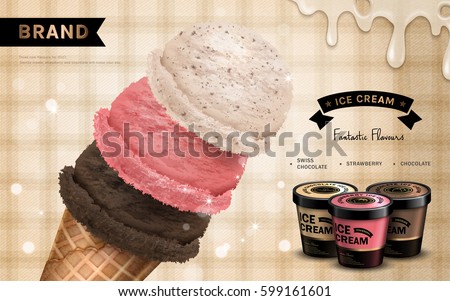 strawberry and chocolate flavor ice cream ad, isolated beige tartan background, 3d illustration