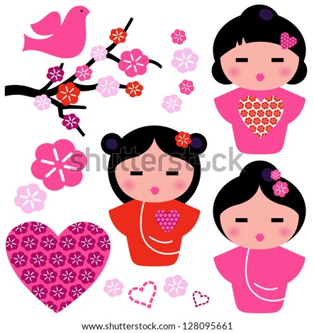 Japan love Geisha and floral elements set isolated on white