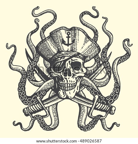 Hand Drawn Illustrations Pirate Skull Tentacles Stock Vector 489026587 ...