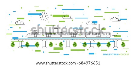 Maglev rail train vector illustration with colorful elements. Electric fast train line art concept. Monorail subway with magnet levitation technology graphic design.