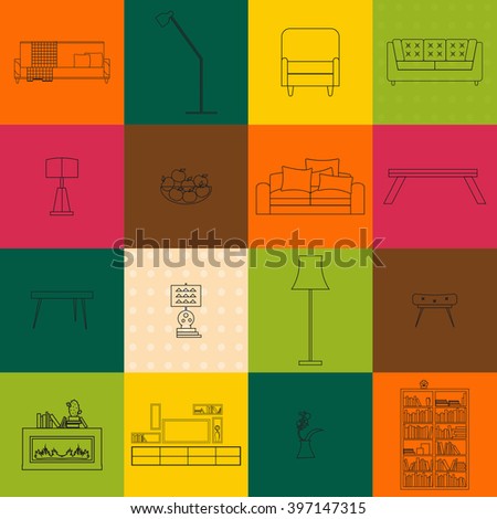 living room interior line furniture isolated icons for home design vector, sketch illustration of table chair sofa lamp office concept
