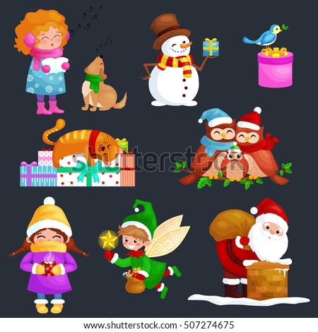 characters set Merry Christmas Happy new year, girl sing songs with dog, snowman gifts, cat and owls family and bird,elf Santa Claus climbing chimney bag
