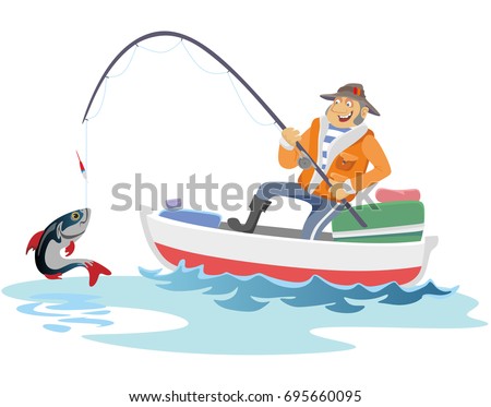 Flat fisherman hat sits on boat with trolling fishing rod in hand and catches bucket, Fishman crocheted spin into the sea waiting big fish funny vector illustration, Man active banner concept.