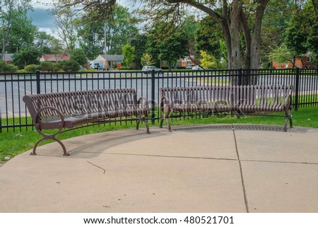 Two Empty Wood Benches By Red Stock Photo 12309706 - Shutterstock