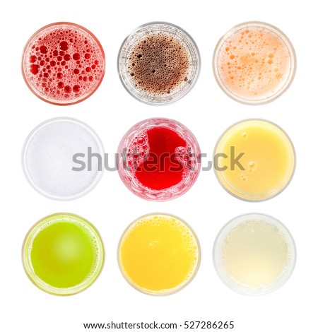 Set of different colored cold drinks. Top view, isolated on white