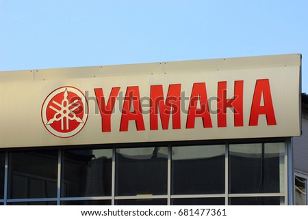 Samara, Russia - August 20, 2016. a sign at the service center to service equipment manufacturing company YAMAHA