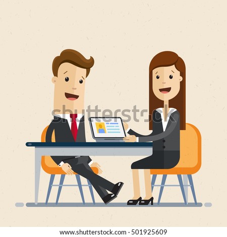 Business man and woman sit at the table, work together, interviews, negotiations, meeting. Vector, illustration, flat