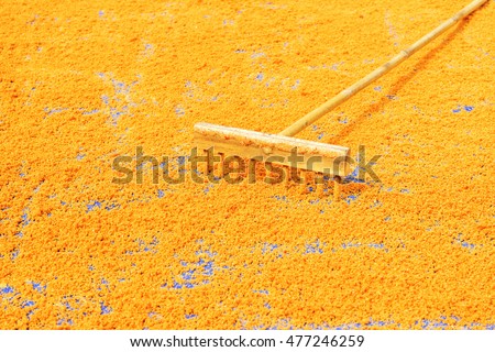 Tay Ninh chili shrimp salt (muoi tom), Vietnamese cuisine. Tay Ninh is famous for wholesale shrimp salt in Vietnam. This kind of salt is made of dried shrimp, then mixed with chili. It is quite spicy.