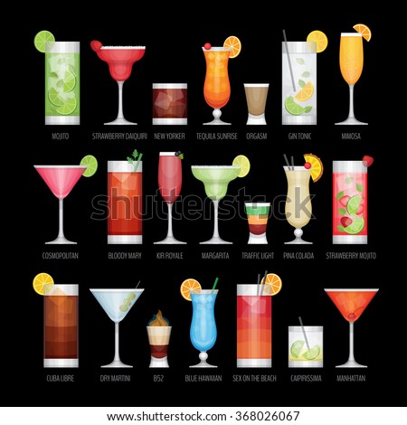 Flat icons set of popular alcohol cocktail on black background. Flat design style, vector illustration.
