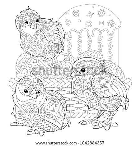 Chicks Around Basket With Easter Eggs And Cake Coloring Page For Adult Colouring Book