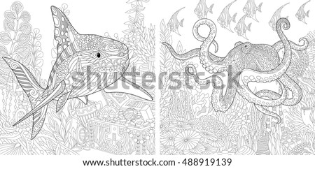 Stylized composition of underwater shark, octopus (poulpe), tropical fish, seaweed, treasure chest with gold. Set collection for adult anti stress coloring book page with doodle and zentangle elements